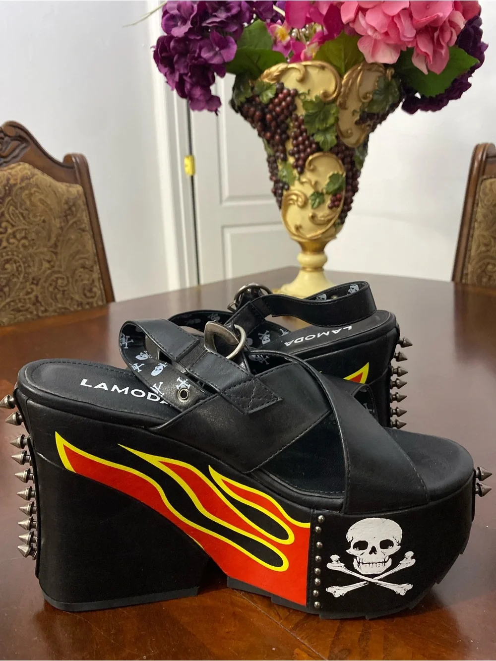 Lamo Black Platform Sandals with Red & Yellow Flame and Skull Detail